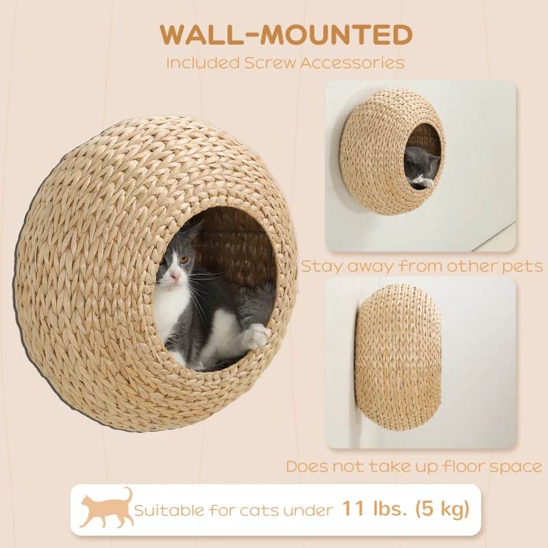 PawHut Cat Wall Shelf with Washable Cushion, Wall Mounted Cat Condo Furniture for Indoor Kittens, Beige