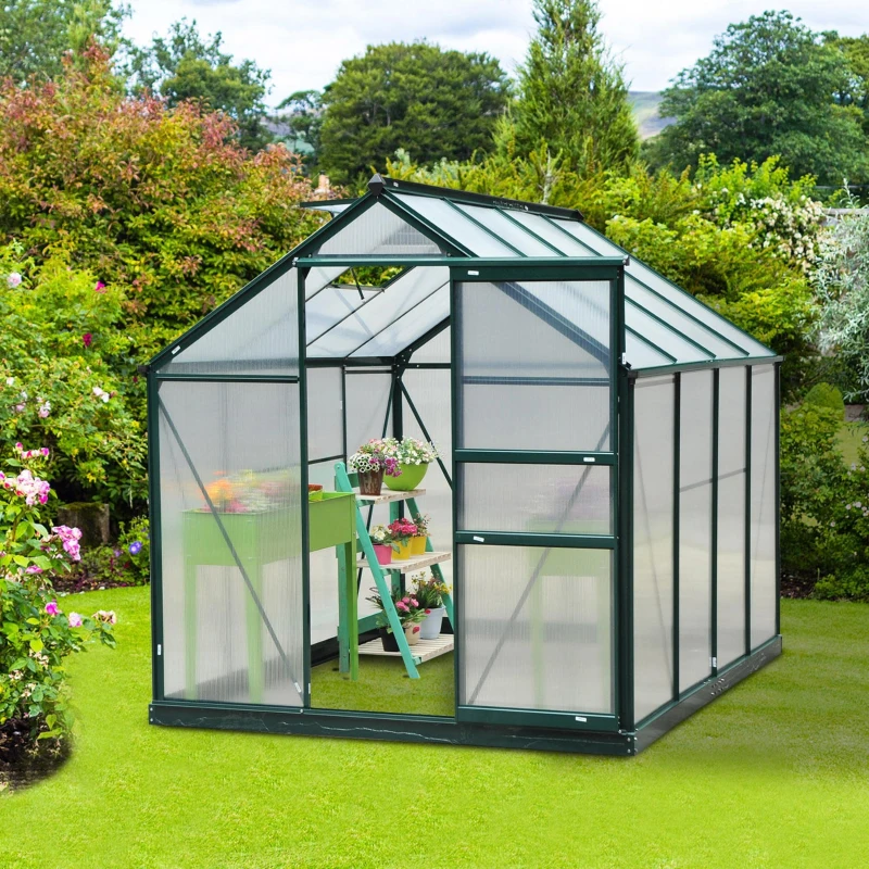 Outsunny 6' x 8' Outdoor Greenhouse with Rain Gutter and Roof Vent for Patio Backyard Dark Green