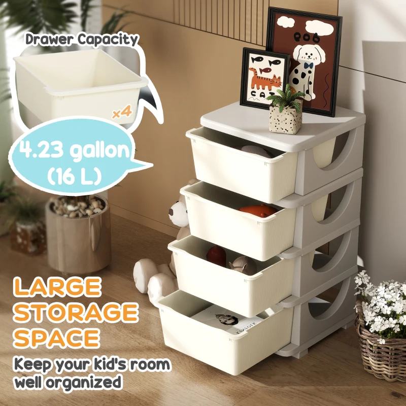 Qaba 4 Tier Kids Toy Organizer and Storage Bins with 4 Plastic Drawers, Cream White