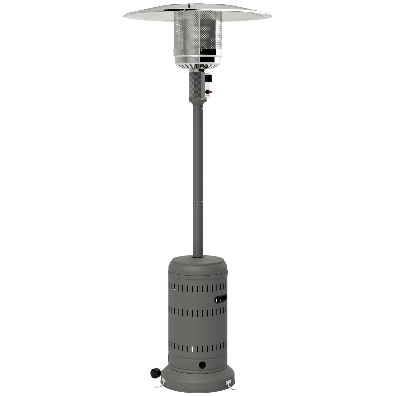 Outsunny 48000 BTU Portable Outdoor Propane Heater, Free Standing Adjustable Patio Gas Heater with Tip-over Protection and Wheels for Garden, 32.3" x 32.3" x 87.8", Grey