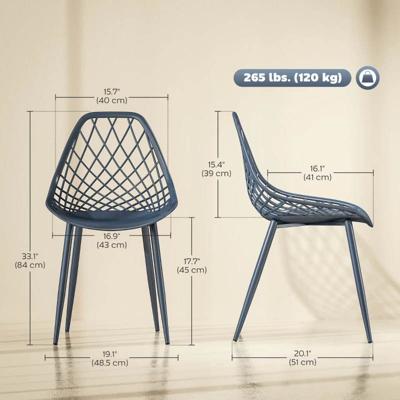 HOMCOM Modern Dining Chairs Set of 4, Plastic Kitchen Chairs with Hollow Backrest and Metal Legs for Living Dining Room, Blue