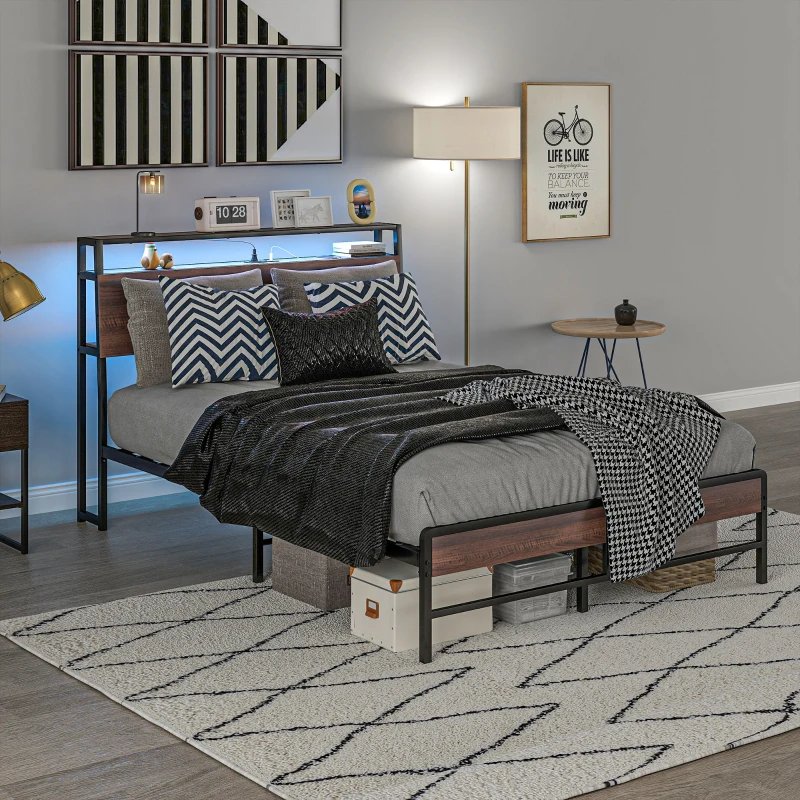 HOMCOM Full Size Bed Frame with LED Lights and Charging Station, Full Bed Frame with Storage Headboard, Noise-Free, Walnut