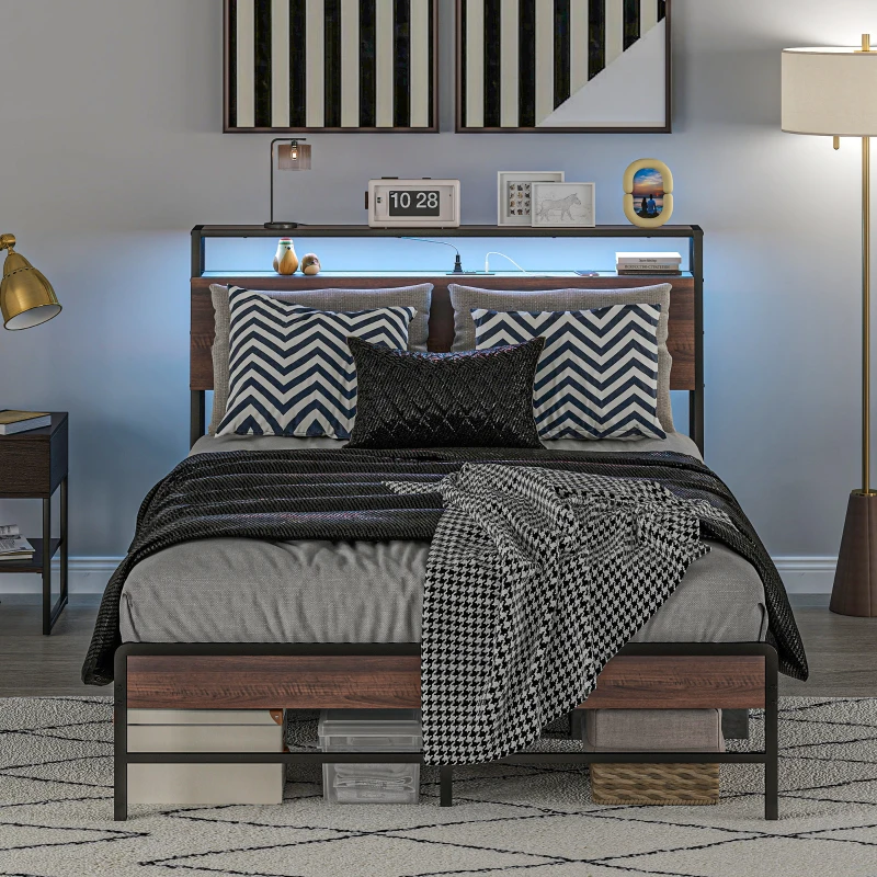 HOMCOM Full Size Bed Frame with LED Lights and Charging Station, Full Bed Frame with Storage Headboard, Noise-Free, Walnut