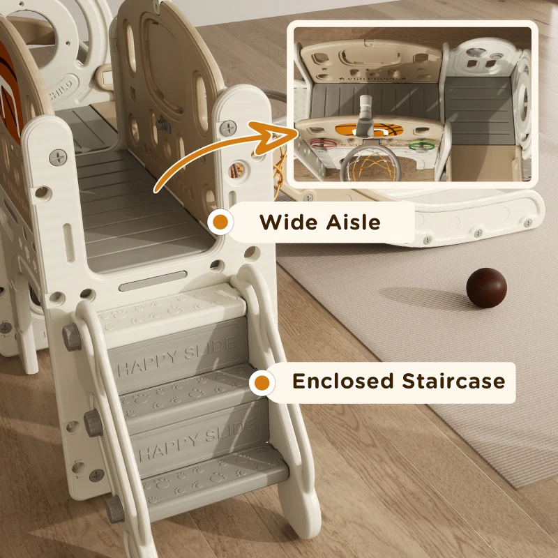 Qaba 9 in 1 Toddler Slide for Kids Ages 1-6 with Bus Front, Basketball Hoop, Climber, Storage Space, Ring Toss, Cream White