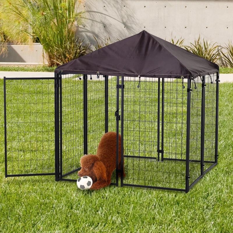 PawHut 4.6' x 4.6' x 5' Outdoor Dog Kennel, Welded Wire Heavy Duty Dog Run, Dog Kennel Outside with Waterproof & UV Resistant Cover, for S&M Dogs, Black