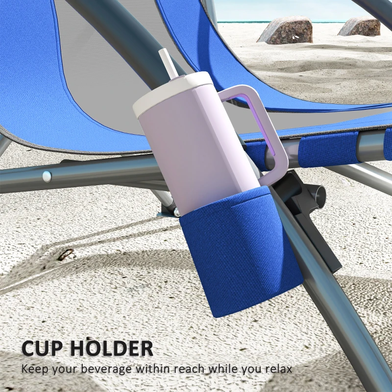 Outsunny Set of 2 Folding Beach Chairs with Mesh Back, Carry Bag and Cup Holder for Outdoor Camping Lawn Sports Picnic Dark Blue