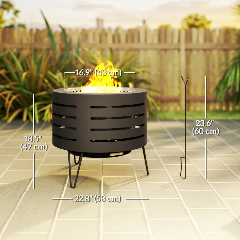Outsunny Round Fire Pit with Fire Poker, Portable Wood Burning Firepit with Ash Tray and Hairpin Legs, Outdoor Fireplace, Black