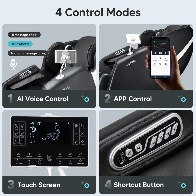 BOSSCARE Full Body Massage Chair with AI Voice and App Control, Heat Therapy, Zero Gravity Shiatsu Recliner with Touch Remote Tablet, Black