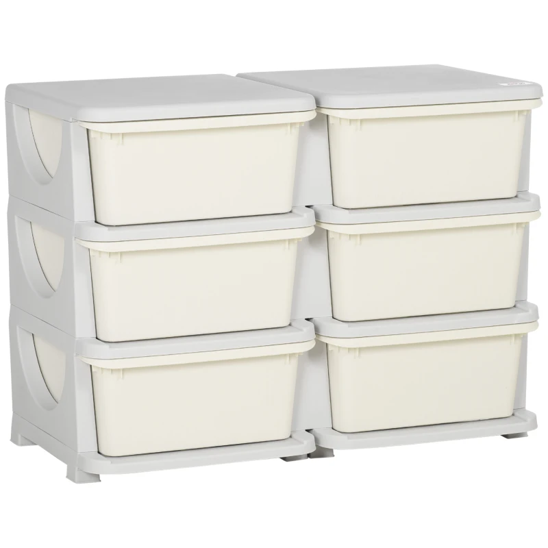 Qaba 3 Tier Kids Toy Organizer and Storage Bins with 6 Plastic Drawers, Cream White