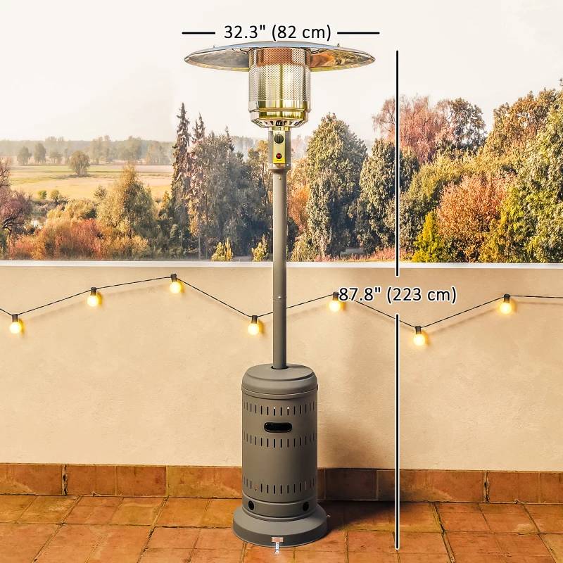 Outsunny 48000 BTU Portable Outdoor Propane Heater, Free Standing Adjustable Patio Gas Heater with Tip-over Protection and Wheels for Garden, 32.3" x 32.3" x 87.8", Grey