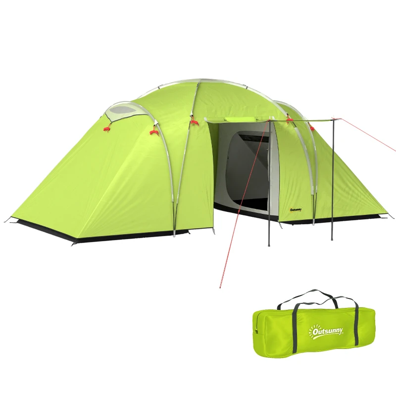 Outsunny 4-6 Person Camping Tent, 2000mm Waterproof Tunnel Tent with 2 Bedrooms, Living Area, Vestibule, Lamp Hook and 4 Doors