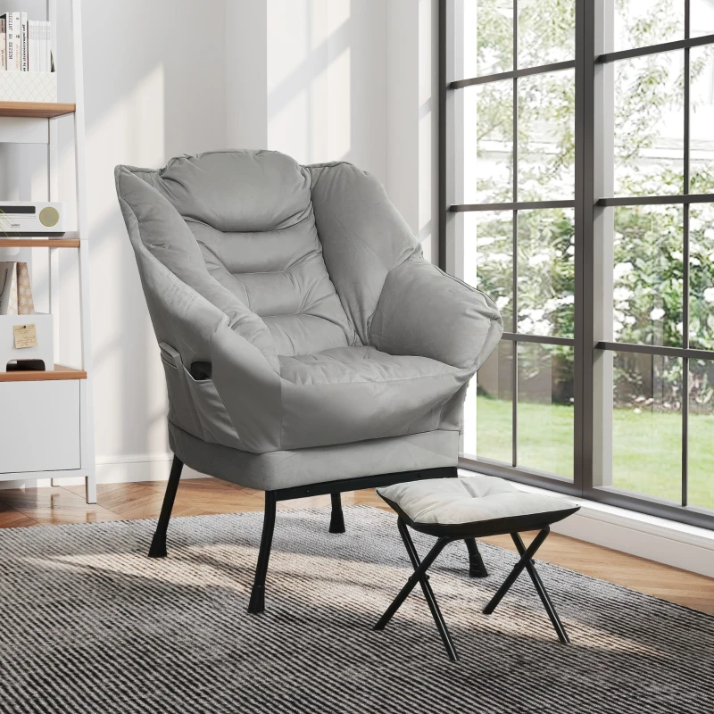HOMCOM Lazy Chair and Ottoman Set, Fabric Upholstered Accent Chair with Side Pockets, for Living Room, Bedroom, Light Gray