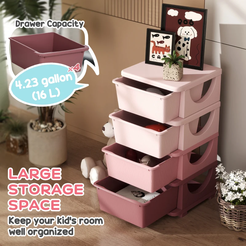 Qaba 4 Tier Kids Toy Organizer and Storage Bins with 4 Plastic Drawers, Pink