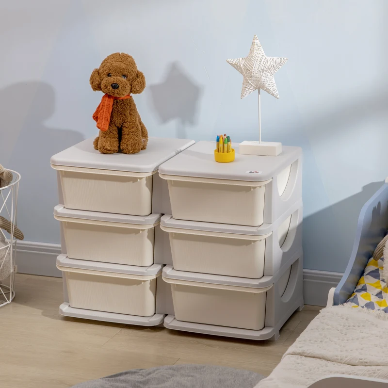 Qaba 3 Tier Kids Toy Organizer and Storage Bins with 6 Plastic Drawers, Cream White