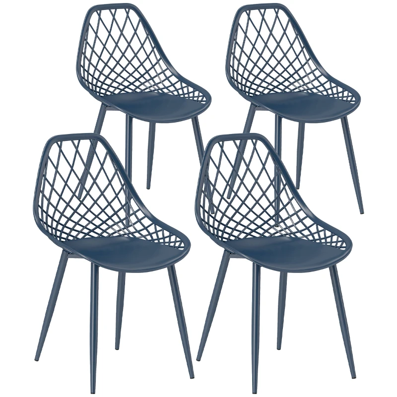 HOMCOM Modern Dining Chairs Set of 4, Plastic Kitchen Chairs with Hollow Backrest and Metal Legs for Living Dining Room, Blue