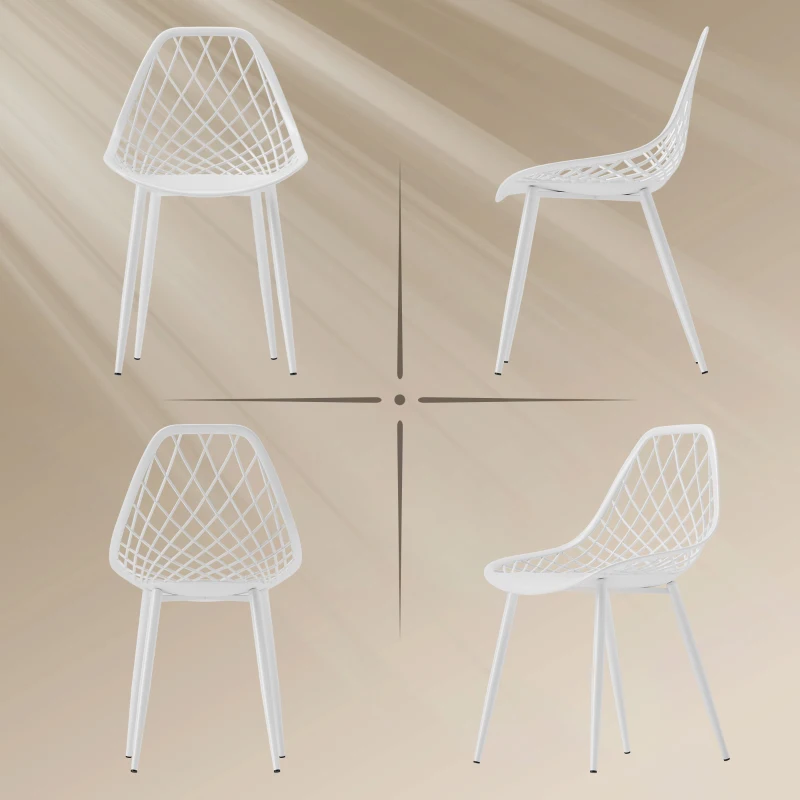 HOMCOM Modern Dining Chairs Set of 4, Plastic Kitchen Chairs with Hollow Backrest and Metal Legs for Living Dining Room, White