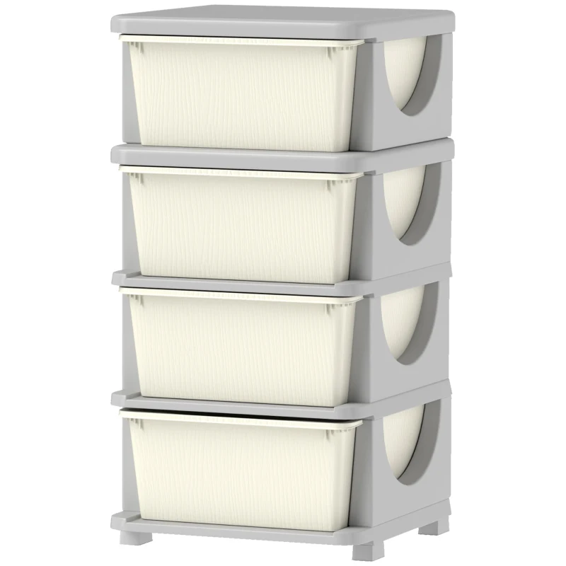 Qaba 4 Tier Kids Toy Organizer and Storage Bins with 4 Plastic Drawers, Cream White