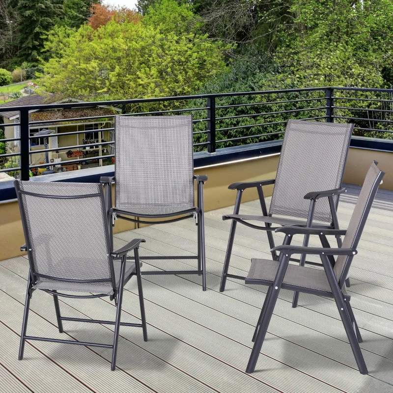 Outsunny Set of 4 Outdoor Folding Chairs, Stackable Patio Dining Chairs with Armrests, Metal Frame, Gray