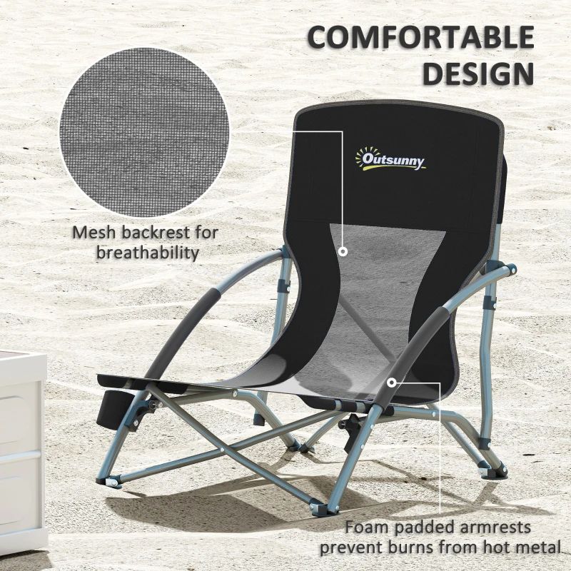 Outsunny Set of 2 Folding Beach Chairs with Mesh Back, Carry Bag and Cup Holder for Outdoor Camping Lawn Sports Picnic, Black