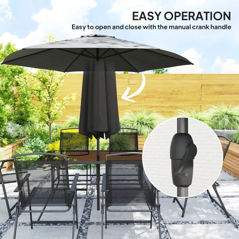 Outsunny 8 Piece Outdoor Dining Set, Patio Furniture Set with Umbrella, 6 Folding Chairs, Rectangle Table and Mesh Seat, Black