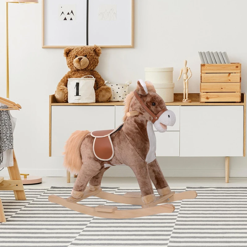 Qaba Kids Rocking Horse with Soft Plush Body, Wooden Base & Handle Grip for Years 3+