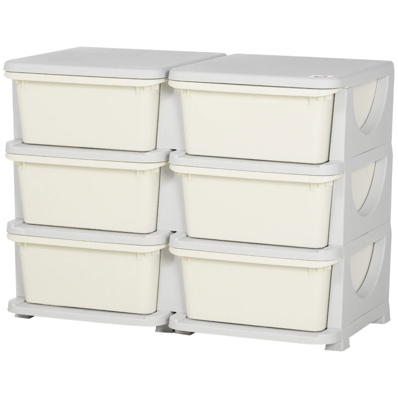 Qaba 3 Tier Kids Toy Organizer and Storage Bins with 6 Plastic Drawers, Cream White