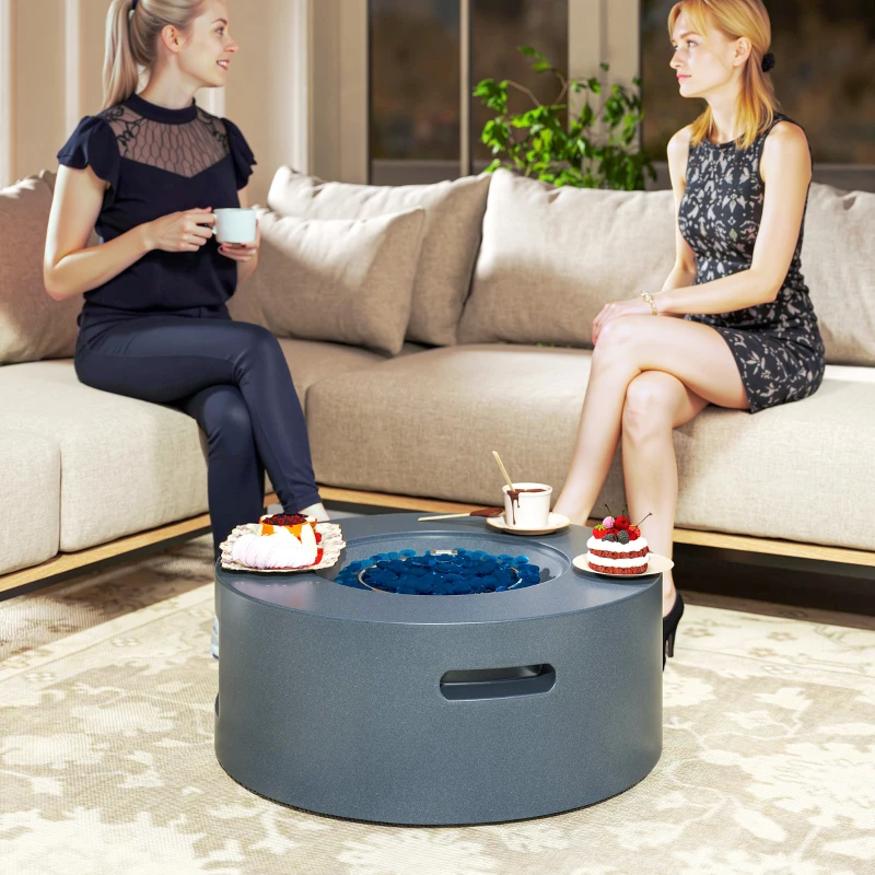 Outsunny 30" Round Propane Fire Pit Table 50,000 BTU Outdoor Gas Fire Table with Waterproof Cover, Decorative Glass Rocks, Tank Holder, Grey