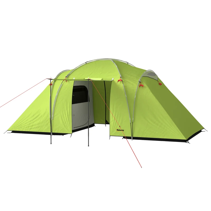 Outsunny 4-6 Person Camping Tent, 2000mm Waterproof Tunnel Tent with 2 Bedrooms, Living Area, Vestibule, Lamp Hook and 4 Doors