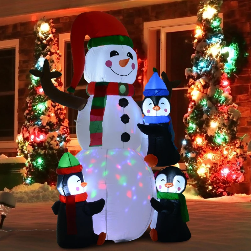 HOMCOM 6' Christmas Inflatables Outdoor Decorations Snowman with Penguins, Blow-Up Yard Christmas Decor with LED Rotating Colorful Light