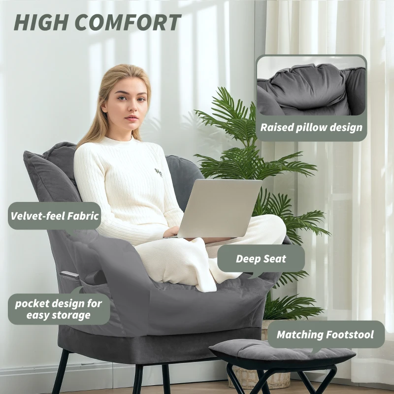 HOMCOM Lazy Chair and Ottoman Set, Fabric Upholstered Accent Chair with Side Pockets, for Living Room, Bedroom, Gray