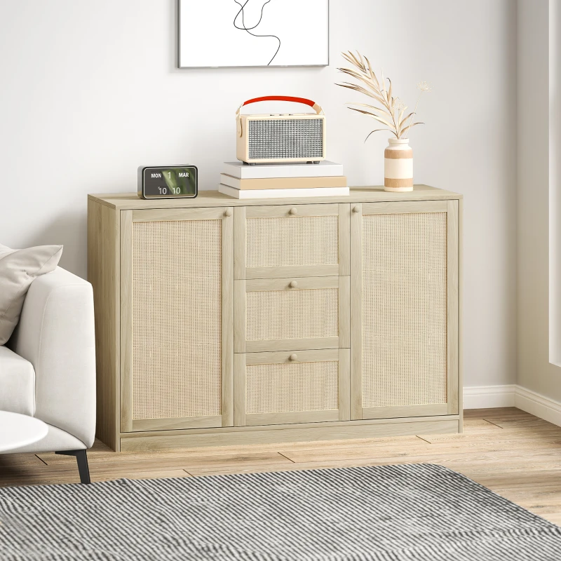 HOMCOM Boho Sideboard Buffet Cabinet, Kitchen Coffee Bar Cabinet with 3 Drawers, 2 Adjustable Shelves and 4 Racks, Natural