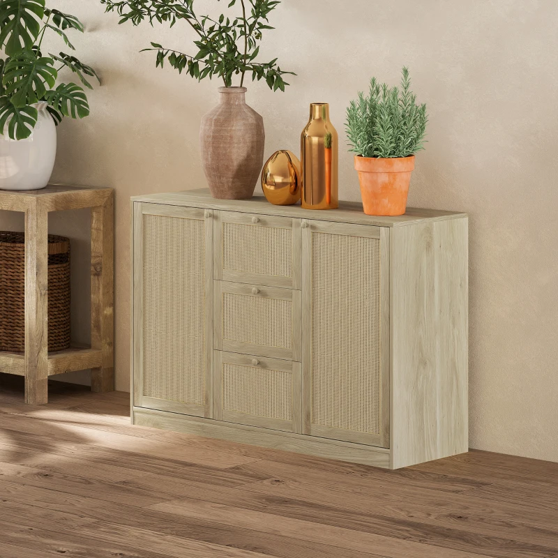 HOMCOM Boho Sideboard Buffet Cabinet, Kitchen Coffee Bar Cabinet with 3 Drawers, 2 Adjustable Shelves and 4 Racks, Natural