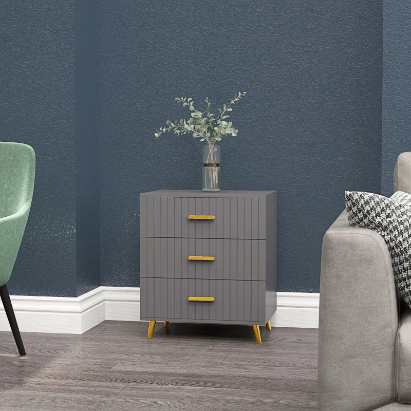 HOMCOM 3 Drawer Cabinet, Drawer Chest for Bedroom, Chest of Drawers with Aluminium Legs and Gold Handles, Dark Grey
