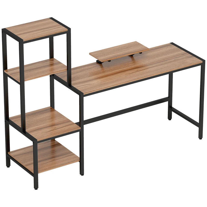 HOMCOM Computer Desk, 67" CPU Desk with Monitor Stand, Reversible 4-Tier Shelf, Industrial Writing Desk for Study Room, Brown