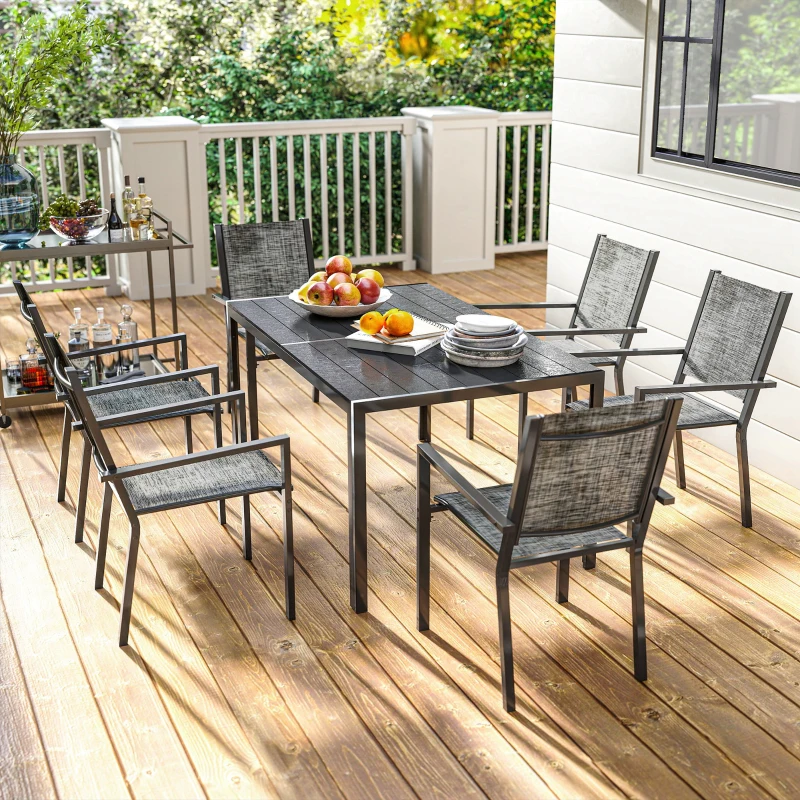 Outsunny 7 Piece Outdoor Dining Set with 6 Stackable Chairs, Rectangle Table, WPC Slatted Top, Rust-Resistant Steel Frame