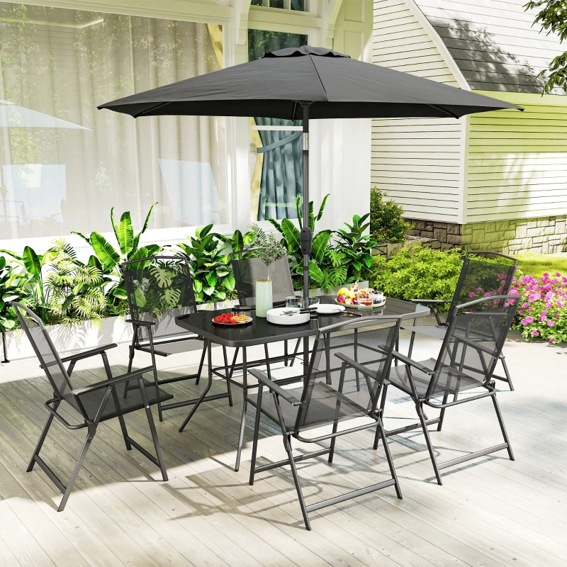 Outsunny 8 Piece Outdoor Dining Set, Patio Furniture Set with Umbrella, 6 Folding Chairs, Rectangle Table and Mesh Seat, Black