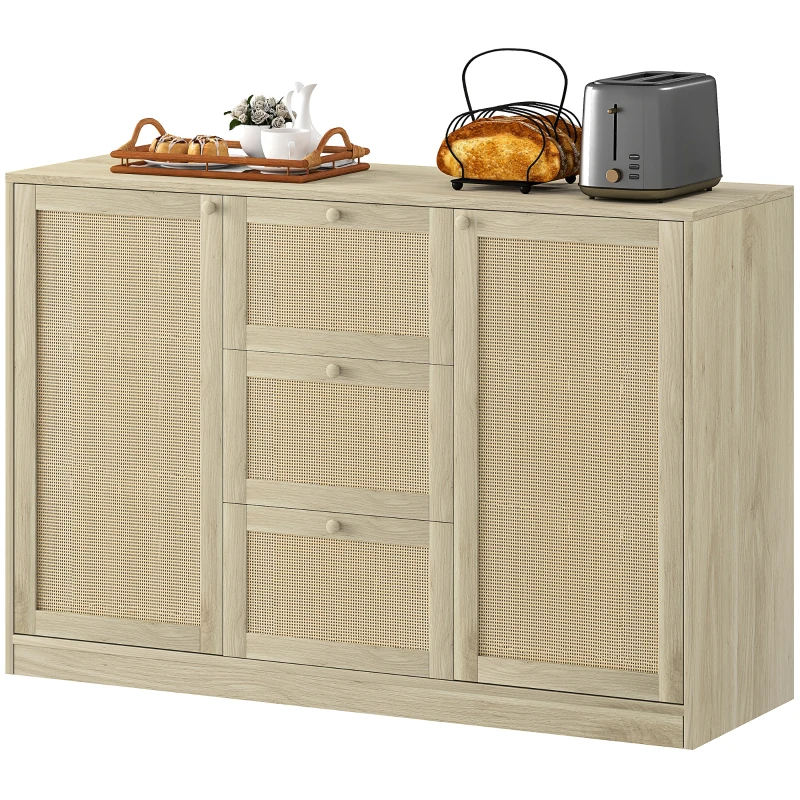 HOMCOM Boho Sideboard Buffet Cabinet, Kitchen Coffee Bar Cabinet with 3 Drawers, 2 Adjustable Shelves and 4 Racks, Natural