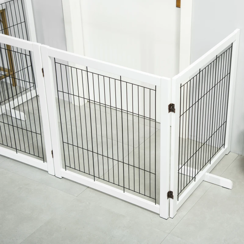 PawHut Wooden Dog Gate for Small & Medium Dogs 4 Panel w/ Support Feet Foldable Pet Fence for House Doorway White