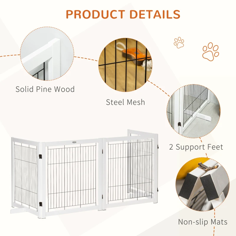 PawHut Wooden Dog Gate for Small & Medium Dogs 4 Panel w/ Support Feet Foldable Pet Fence for House Doorway White