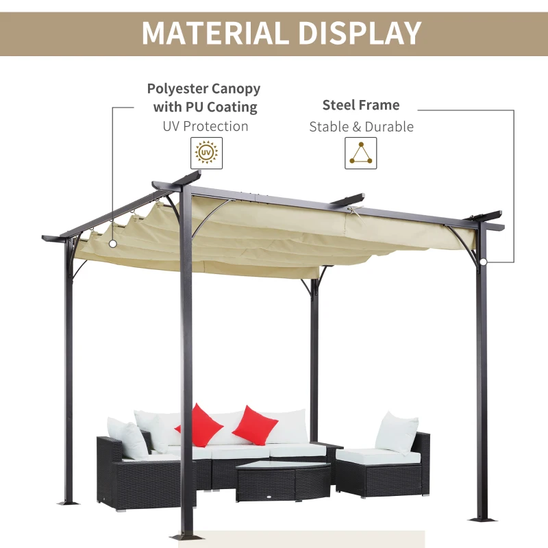 Outsunny 10' Outdoor Pergola Gazebo Garden Retractable Sun Shade Deck Lawn Covered Modern Square Canopy Backyard Patio BBQ Shelter Beige