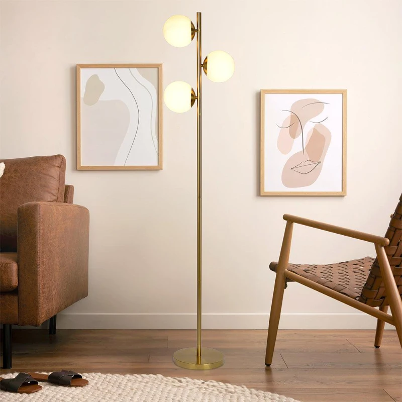 Brilliance Modern Gold Brush Floor Lamp with Opal Glass Shades, Round Metal Base, 14" L x 10" W x 64" H, Clear+Gold