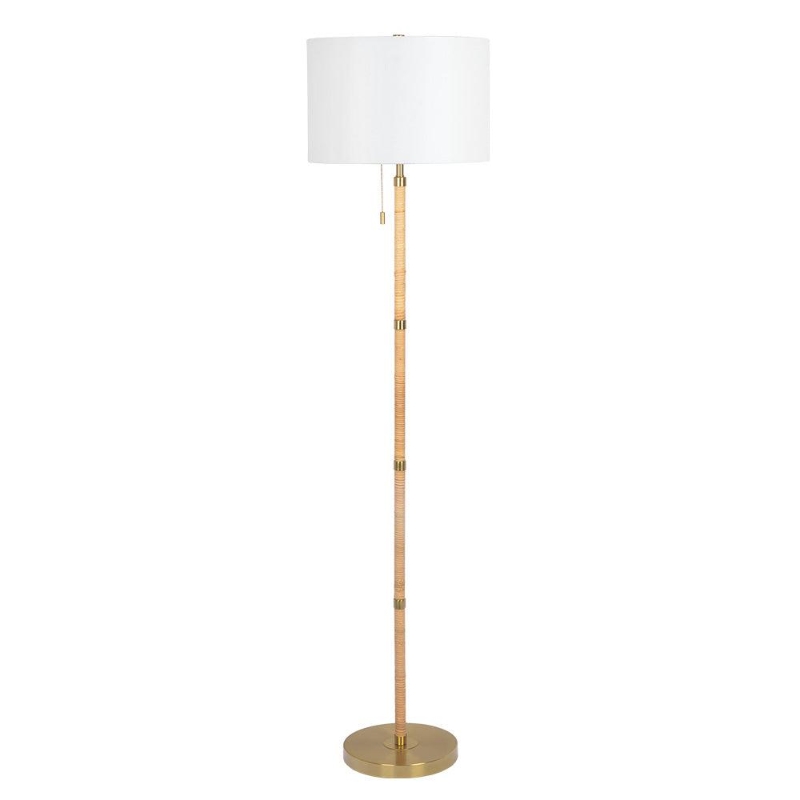 Stellar Floor Lamp with Wood Rattan Tube, White Linen Shade, Stylish Design, 15" L x 15" W x 61.5" H, Natural+White