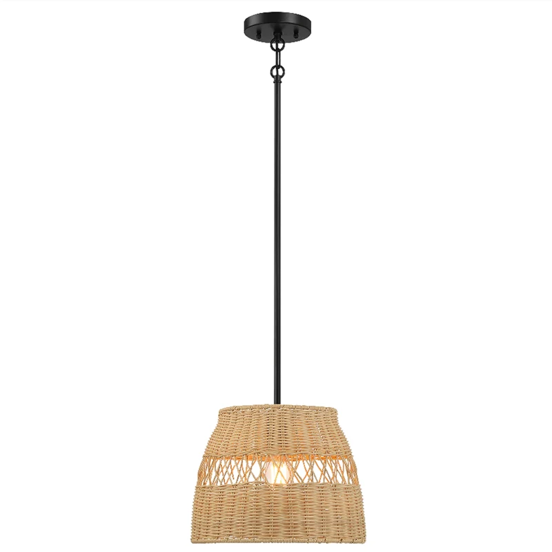 Farmhouse Style Single Light Pendant with Rattan Shade, Black Metal Finish, Ideal for Homer Decor, 12" L x 12" W x 10" H, Black