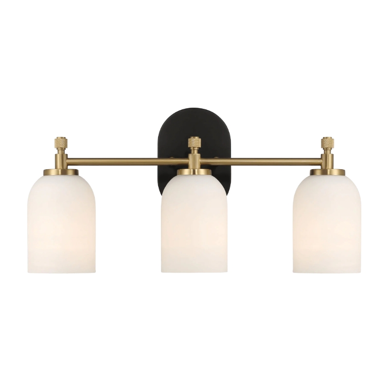 Meadows Three-Light Vanity Bathroom Wall Light with White Frosted Glass, Brushed Gold Finish, 20.5"W × 10.1"H × 5.5"E, Gold+White