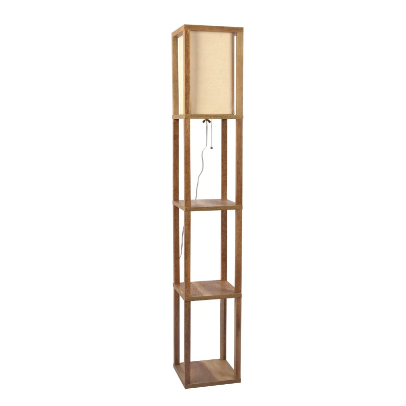 Pinnacle Shelf Floor Lamp with Built-in Shelves, Natural Wood and Long Shade, 10" L x 10" W x 62" H, Natural+White
