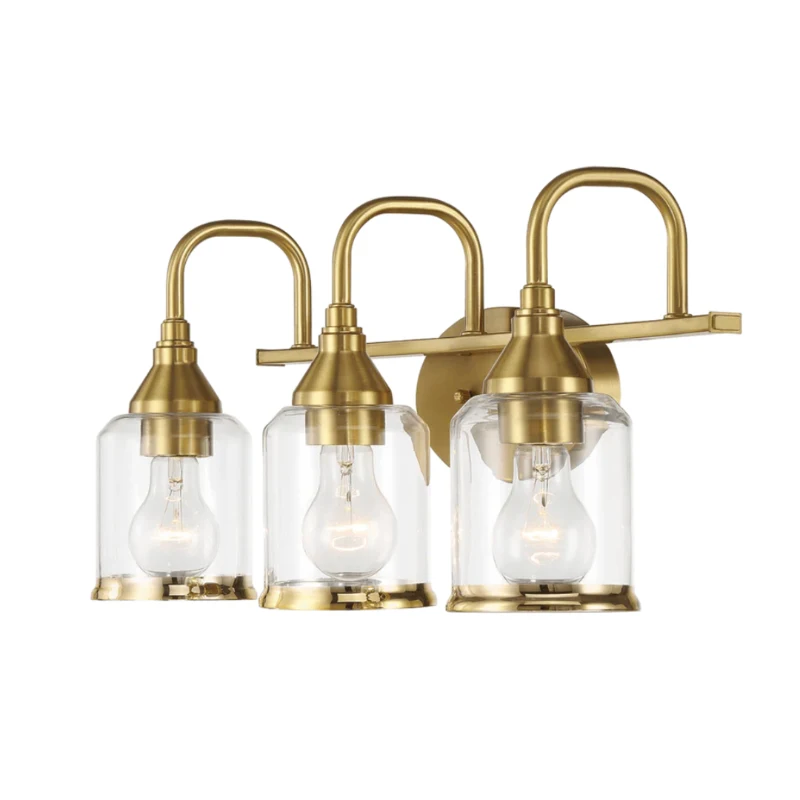 Twilight Three-Light Vanity Light with Contemporary Design, Brushed Gold Finish, Clear Glass, 7.5" L x 22" W x 10" H, Clear+Gold