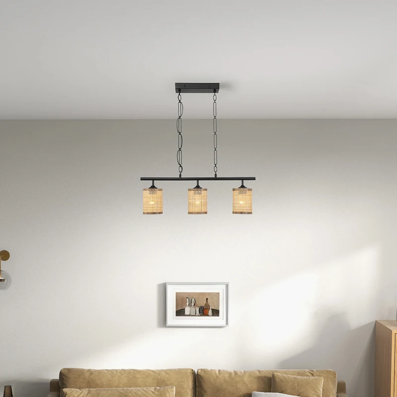 Three-Light Island Ceiling Lamp with Rattan Shade, Farmhouse Chain Design, Ideal for Dining Room, Kitchen, 28" L x 5" W x 10" H, Black