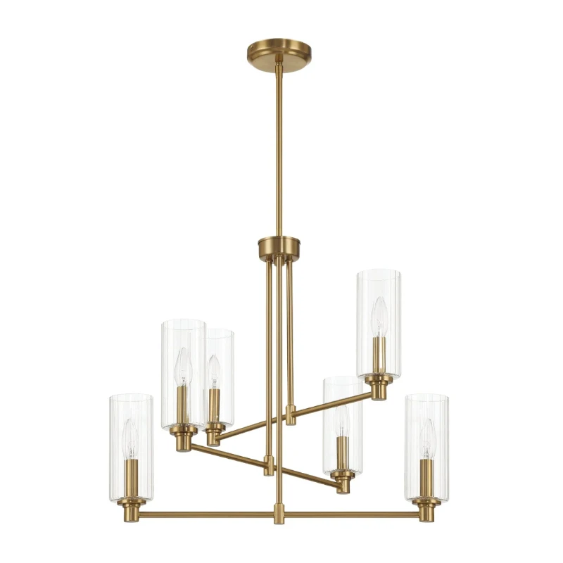 Timeless Six-Light Chandelier with Clear Ribbed Glass, Satin Brass Finish, 24" L x 24" W x 22.5" H, Antique Brass+Clear