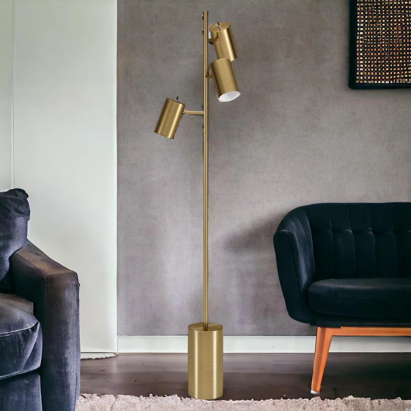 Elegant Brassed Floor Lamp with Triple Spot Design, Rotary Switch, Sleek Metal Block Base, Ideal for Home Decor, 6" L x 18" W x 63" H, Gold