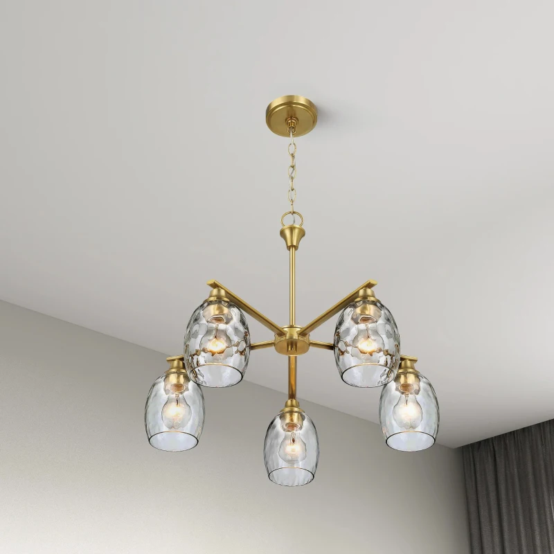 Elegance Five-Light Linear Arm Chandelier with Golden Brass Finish and Clear Water Glass, 24" L x 24" W x 20.5" H, Clear+Gold